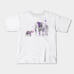 Mom and Baby Elephant Watercolor Painting Lilac Pink Kids T-Shirt